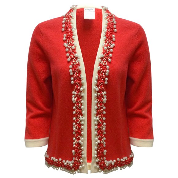 Chanel Pearl Embellished Braided Trim Long Sleeved Cashmere Knit Cardigan Poppy - Picture 1 of 6
